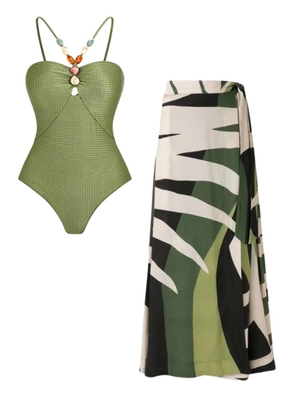 Olive Green Textured One-Piece Swimsuit with Bead Accent